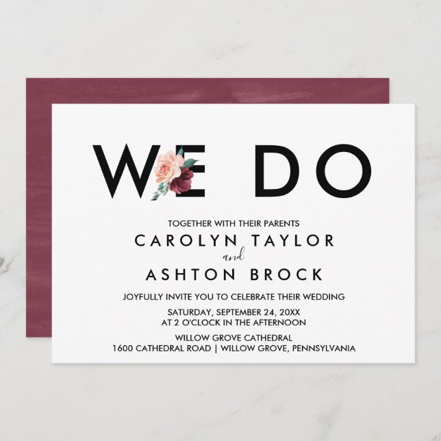 Flower Lettering | Maroon We Do Wedding Invitation (Front/Back)