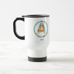 Flower Letters Initial "A" with Personalised name Travel Mug