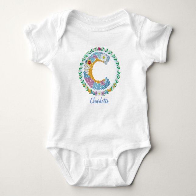 Flower Letters Initial "C" with Personalised name Baby Bodysuit (Front)