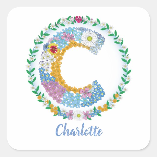 Flower Letters Initial "C" with Personalised name Square Sticker (Front)