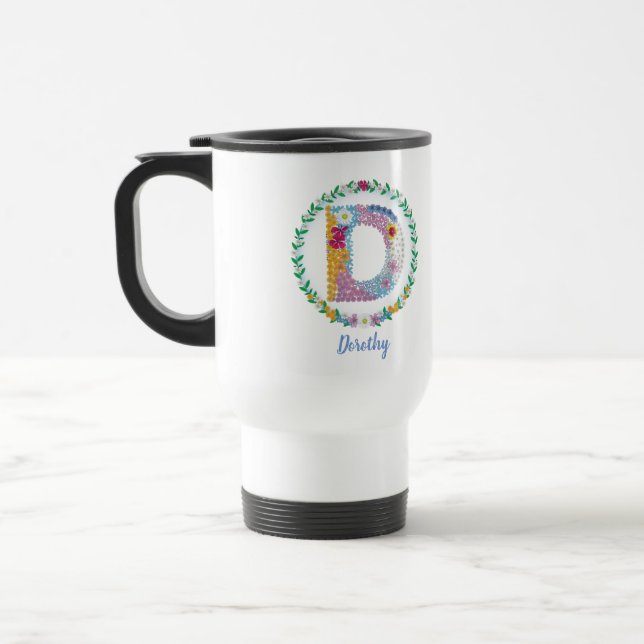 Flower Letters Initial "D" with Personalised name Travel Mug (Left)