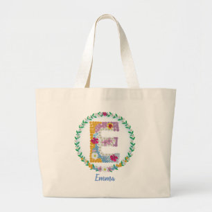 Flower Letters Initial "E" with Personalised name Large Tote Bag