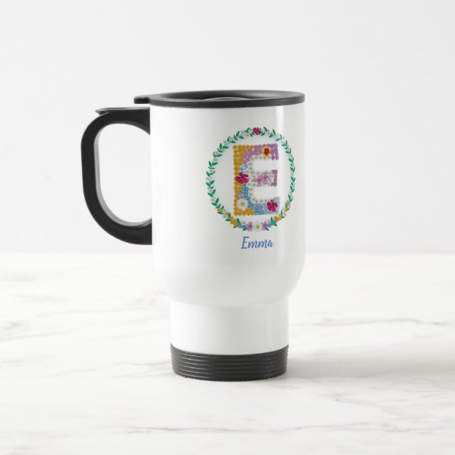 Flower Letters Initial "E" with Personalised name Travel Mug (Left)