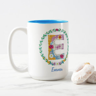 Flower Letters Initial "E" with Personalised name Two-Tone Coffee Mug