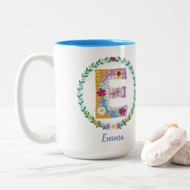 Flower Letters Initial "E" with Personalised name Two-Tone Coffee Mug (With Donut)