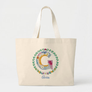 Flower Letters Initial "G" with Personalised name Large Tote Bag