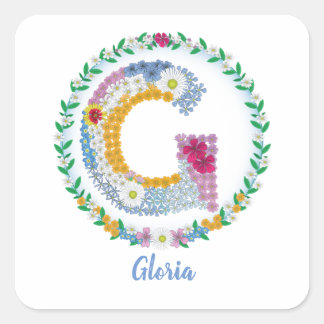 Flower Letters Initial "G" with Personalised name Square Sticker