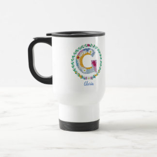 Flower Letters Initial "G" with Personalised name Travel Mug