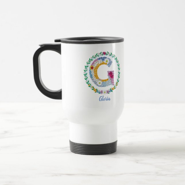 Flower Letters Initial "G" with Personalised name Travel Mug (Left)