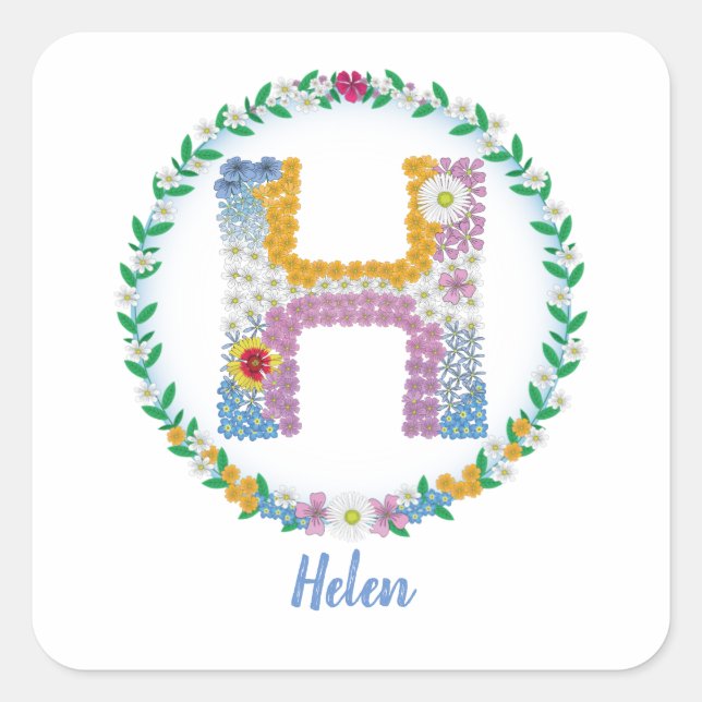 Flower Letters Initial "H" with Personalised name Square Sticker (Front)