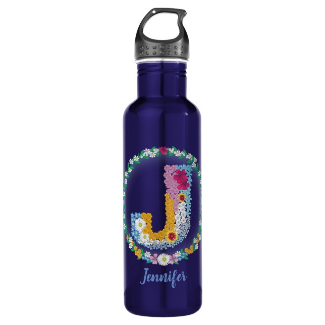 Flower Letters Initial "J" with Personalised name 710 Ml Water Bottle (Front)