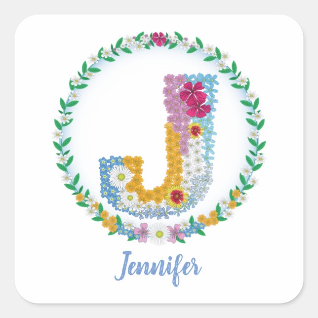 Flower Letters Initial "J" with Personalised name Square Sticker (Front)