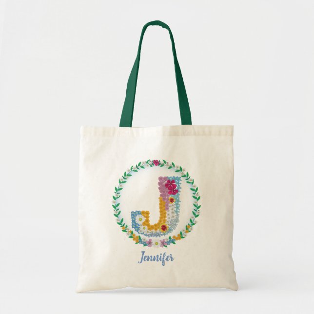 Flower Letters Initial "J" with Personalised name Tote Bag (Front)