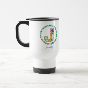 Flower Letters Initial "J" with Personalised name Travel Mug