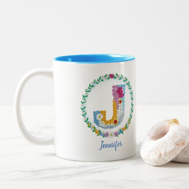 Flower Letters Initial "J" with Personalised name Two-Tone Coffee Mug (With Donut)
