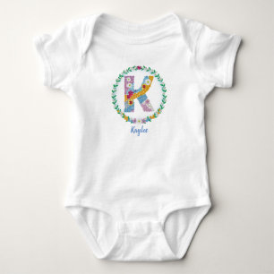 Flower Letters Initial "K" with Personalised name Baby Bodysuit