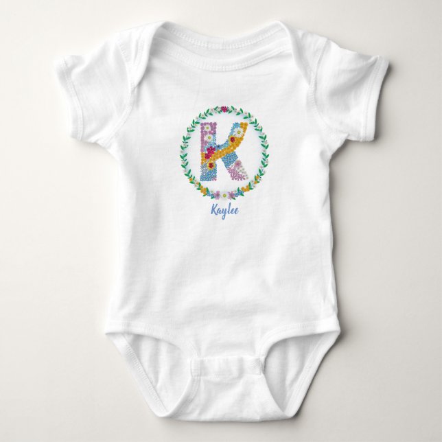 Flower Letters Initial "K" with Personalised name Baby Bodysuit (Front)