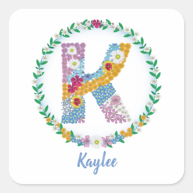 Flower Letters Initial "K" with Personalised name Square Sticker (Front)