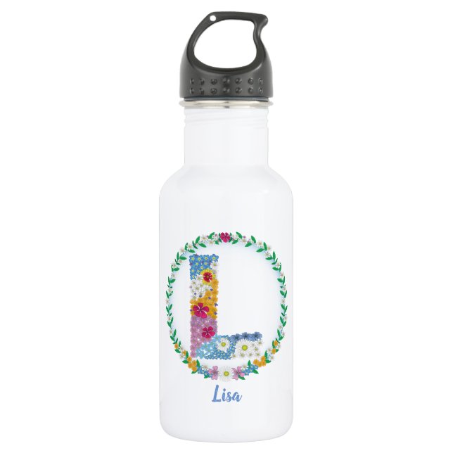 Flower Letters Initial "L" with Personalised name 532 Ml Water Bottle (Front)