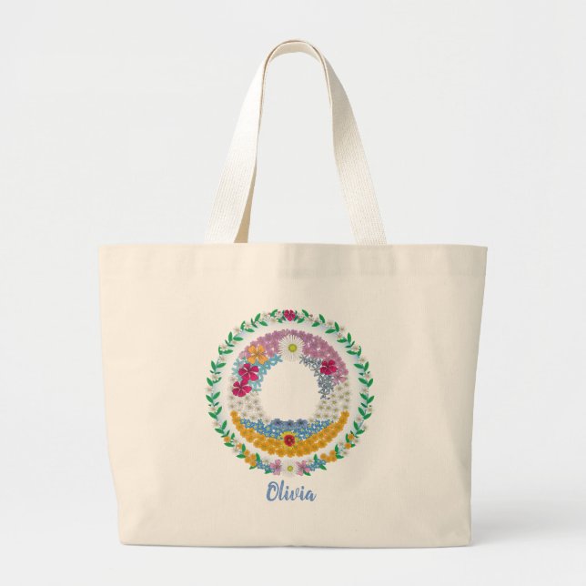 Flower Letters Initial "O" with Personalised name Large Tote Bag (Front)
