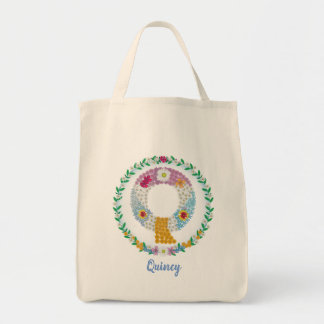 Flower Letters Initial "Q" with Personalised name Tote Bag