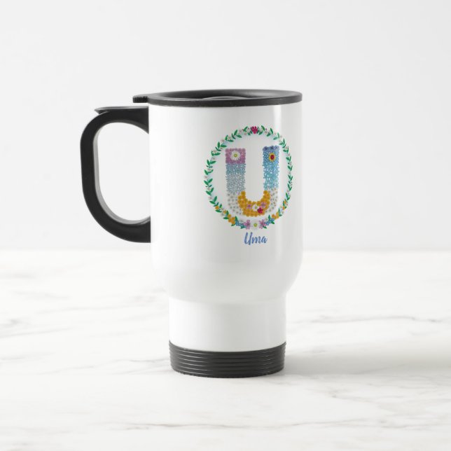 Flower Letters Initial "U" with Personalised name Travel Mug (Left)