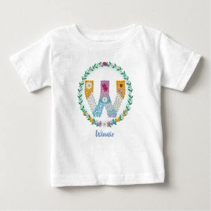 Flower Letters Initial "W" with Personalised name Baby T-Shirt