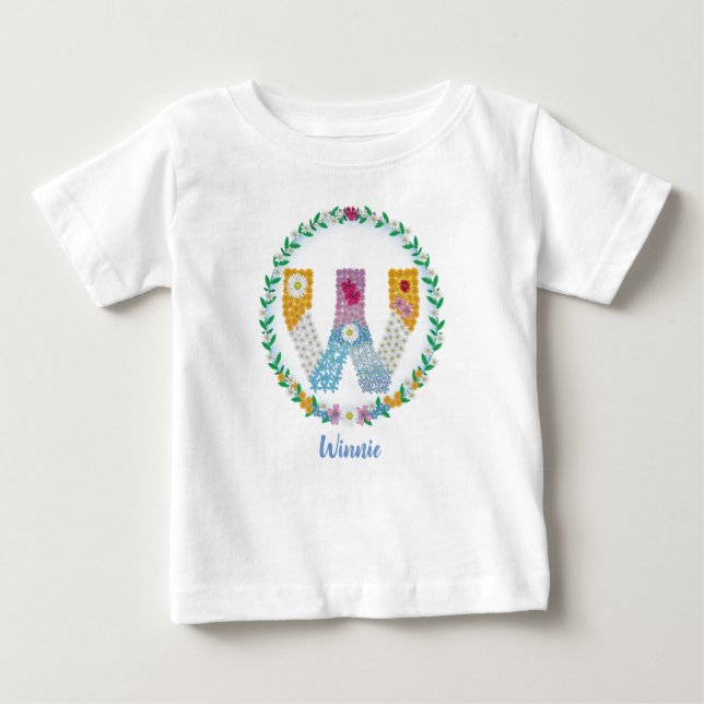 Flower Letters Initial "W" with Personalised name Baby T-Shirt (Front)