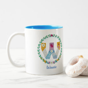 Flower Letters Initial "W" with Personalised name  Two-Tone Coffee Mug