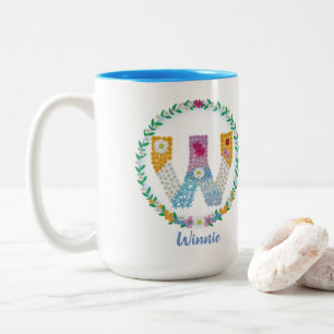 Flower Letters Initial "W" with Personalised name Two-Tone Coffee Mug