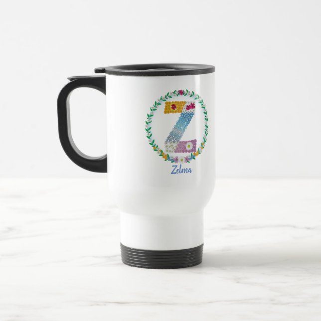 Flower Letters Initial "Z" with Personalised name Travel Mug (Left)