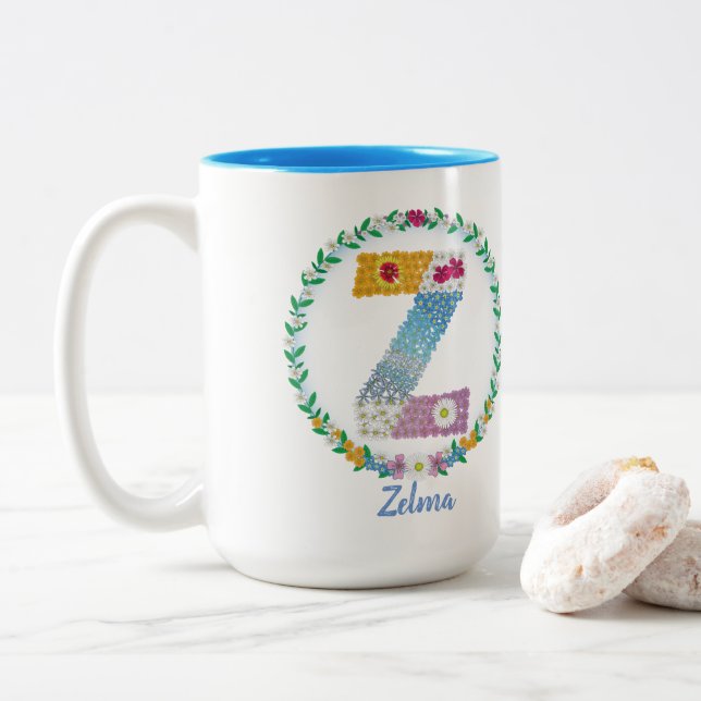 Flower Letters Initial "Z" with Personalised name Two-Tone Coffee Mug (With Donut)
