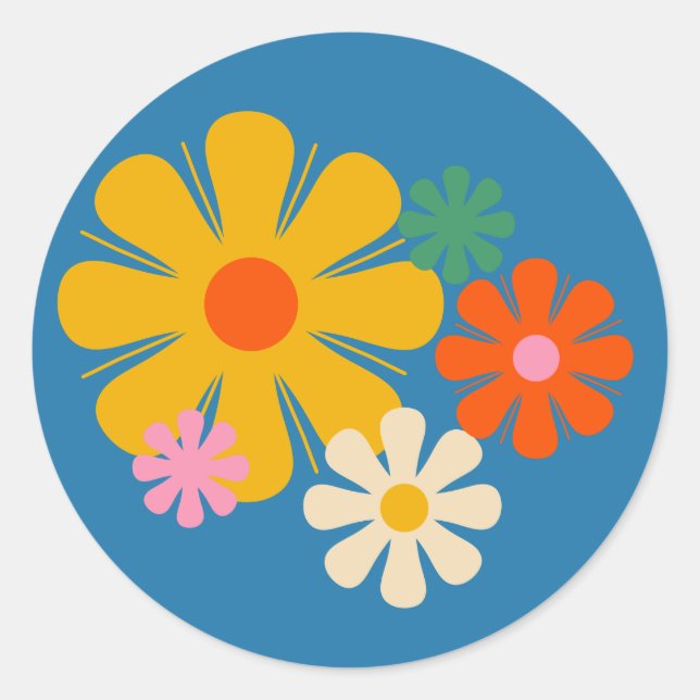 Flower Locus Reto 60s 70s Floral on Blue Card Classic Round Sticker (Front)