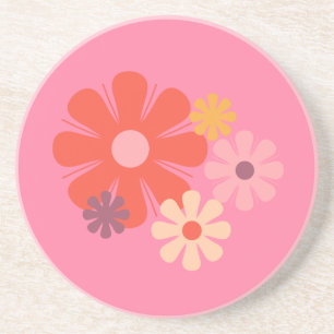 Flower Locus Retro Minimalist Floral Pattern Pink Coaster