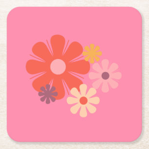Flower Locus Retro Minimalist Floral Pattern Pink Square Paper Coaster