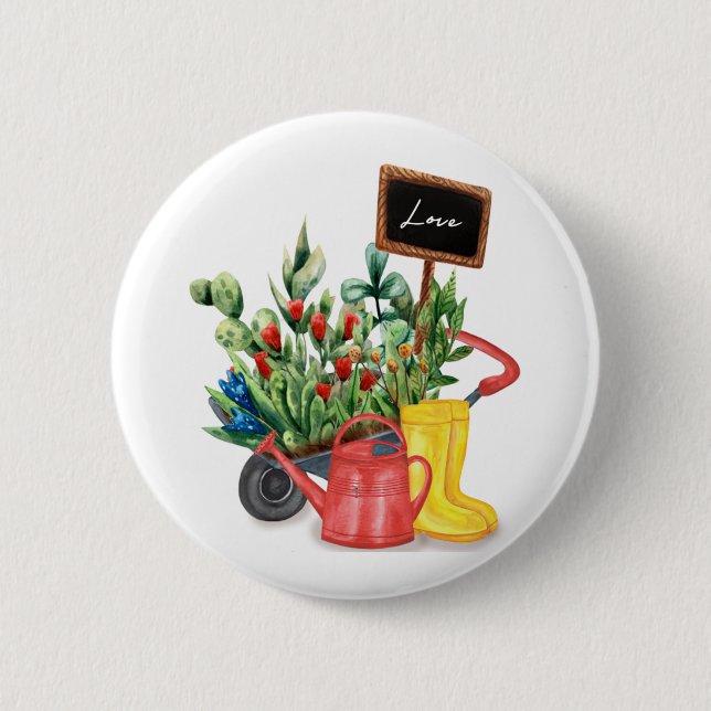 Flower love tulips watering can rubber boots 6 cm round badge (Front)