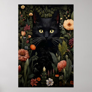 Flower lover black cat print, floral cat vintage poster