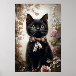 Flower lover black cat print, victorian vintage poster