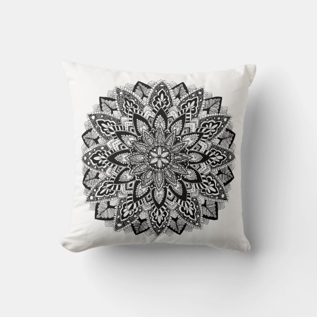 Flower Mandala black and white Cushion (Front)