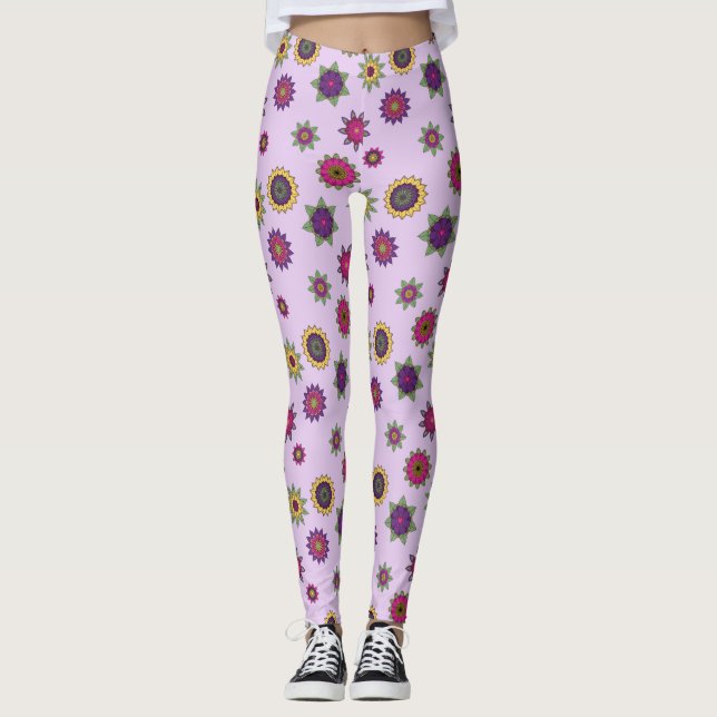 Flower Mandala Garden Leggings Purple Background (Front)