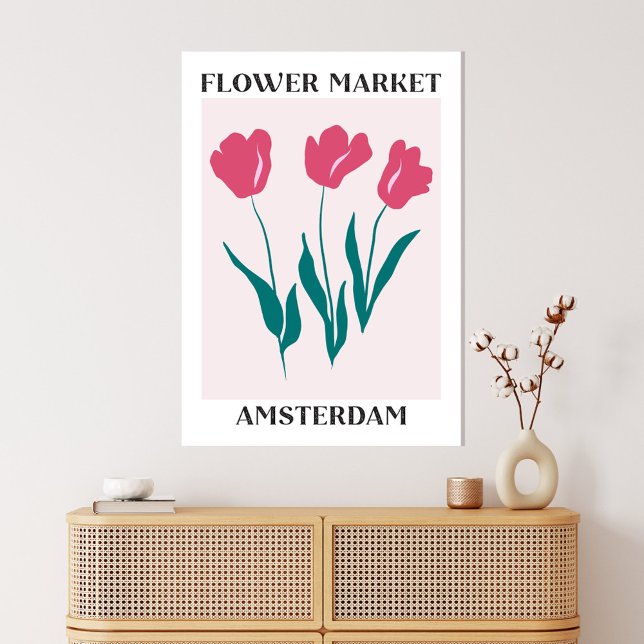 Flower Market Amsterdam Pink Tulips Floral Canvas Print (In situ boho interior)