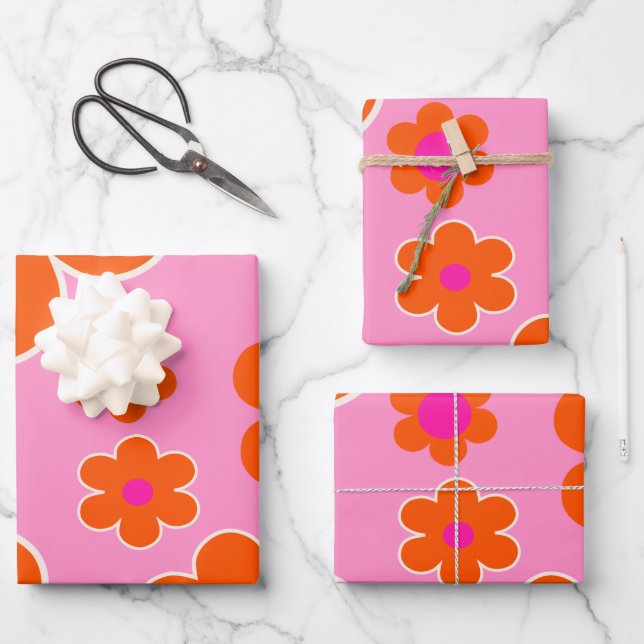 Flower Market Amsterdam Retro Flowers Pink Orange Wrapping Paper Sheet (Front)