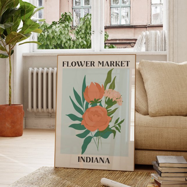 Flower Market Indiana Peach Peony Floral Poster (In situ Living room)