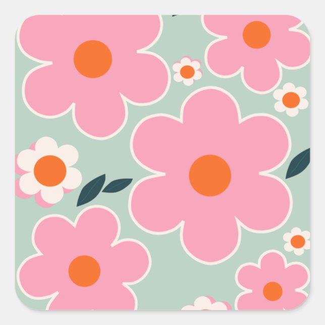 Flower Market Madrid Floral Art Pink Orange Green Square Sticker (Front)