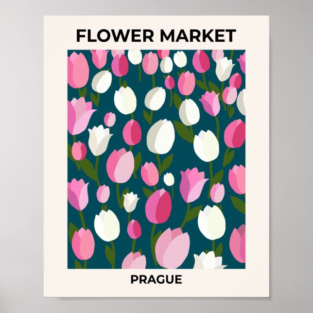 Flower Market Prague Tulips Navy Blue And Pink Poster (Front)