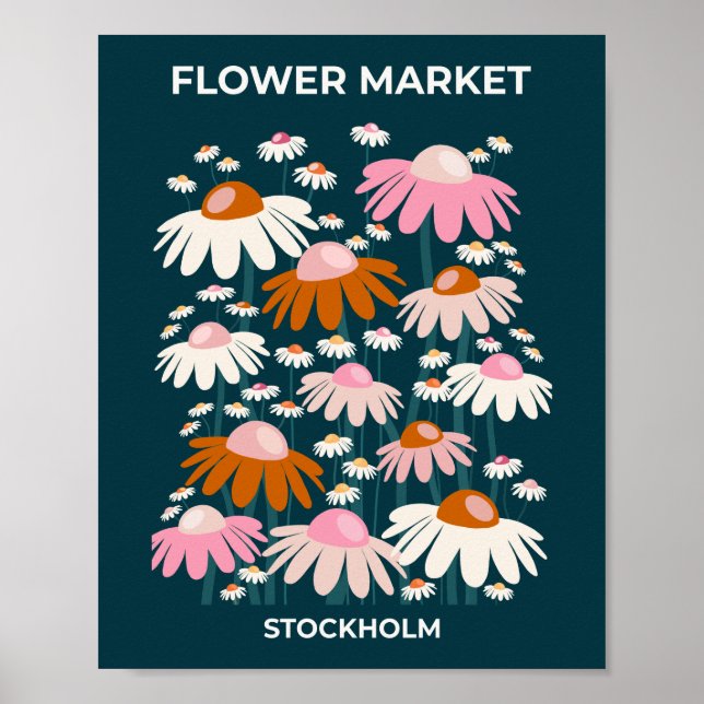 Flower Market Stockholm Navy Blue Retro Floral Poster (Front)