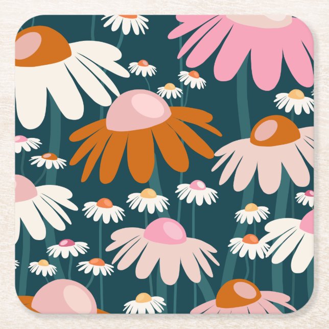 Flower Market Stockholm Navy Blue Retro Floral Square Paper Coaster (Front)