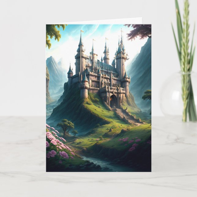 Flower Meadow Castle Folded Holiday Card (Front)