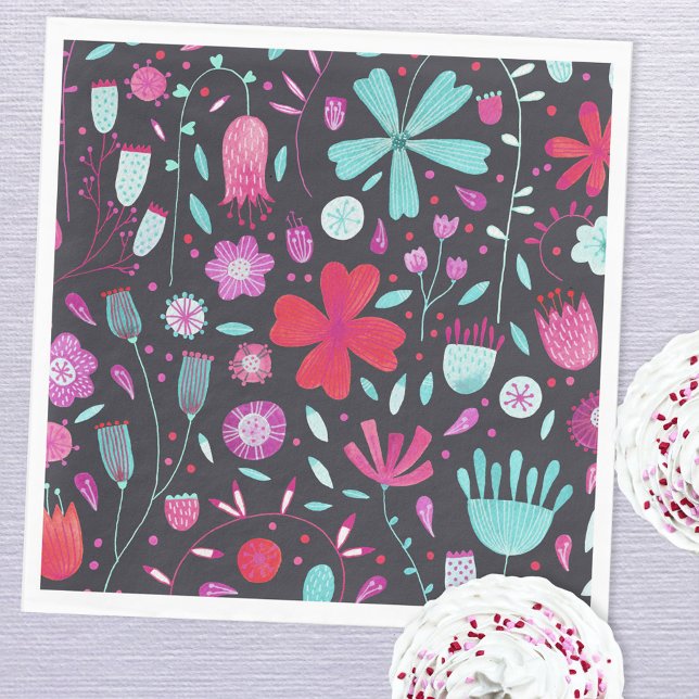 Flower Meadow Watercolor Dark Napkin (Modern dark floral watercolor paper napkins)
