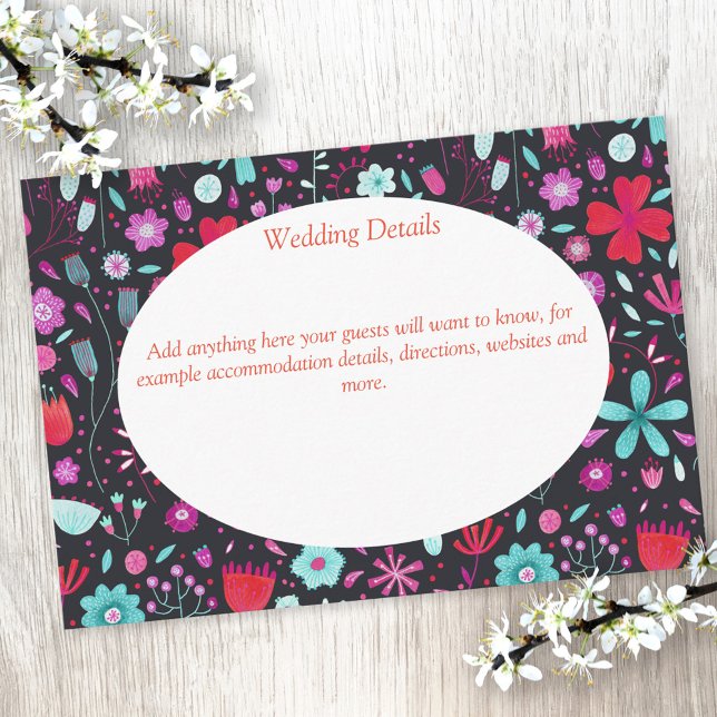 Flower Meadow Watercolor Dark Wedding Details Enclosure Card (Dark floral custom wedding details card)